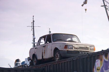 Old car in the port of Gdansk, Poland. selective focus.の写真素材