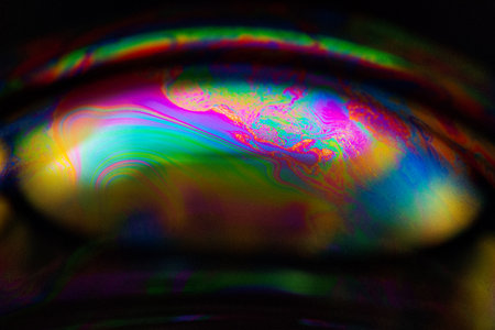 abstract macro of soap bubble with rainbow colors on black background.の写真素材