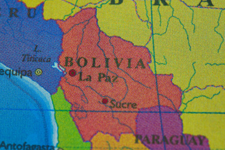 Bolivia on the map close-up, selective focus.の写真素材