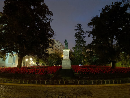 The monument to Miguel de Cervantes at nightの写真素材
