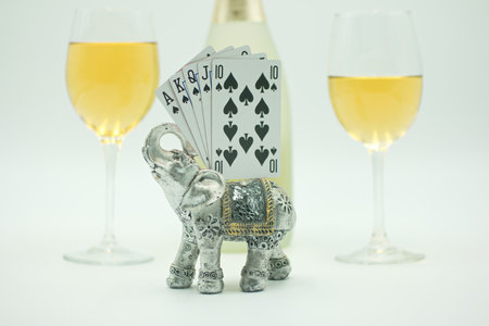 elephant with playing cards and wine isolated on a white background.の写真素材