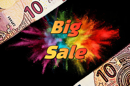 Big Sale. Colorful explosion of money on a black background.の写真素材
