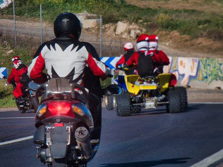 blur santa claus motor motorcycle transportation in motion outdoors background speed wheels handlebar superbikeの写真素材