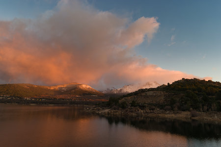 View of the Sierra de Guadarrama mountain range near Madrid in Spain, with a lake in the background, a beautiful landscapeの写真素材