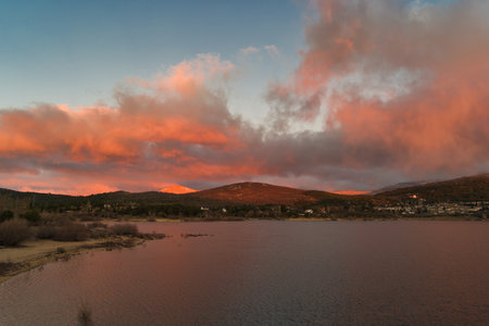View of the Sierra de Guadarrama mountain range near Madrid in Spain, with a lake in the background, a beautiful landscapeの写真素材