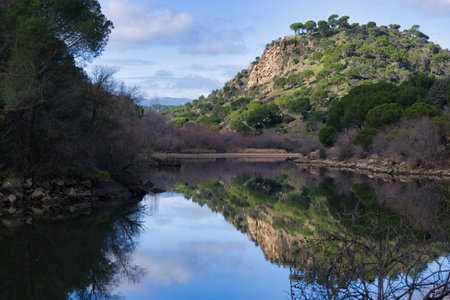 Mountain landscape view of the mountains near Madrid in Spain near the village of Pelayos de la Ptesaの写真素材