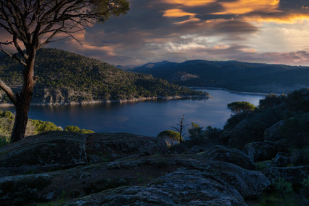 Mountain landscape on the San Juan reservoir near Madrid