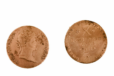 former silver spanish coin isolated on white background former means of paymentの写真素材