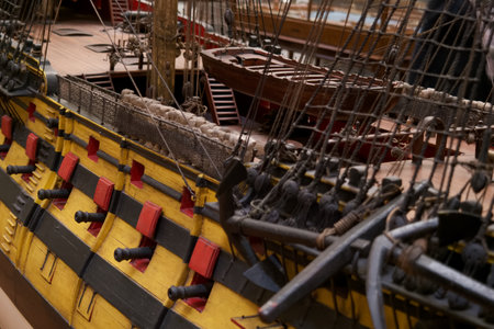close-up photo of a mock-up of a warship old maritime technologyの写真素材