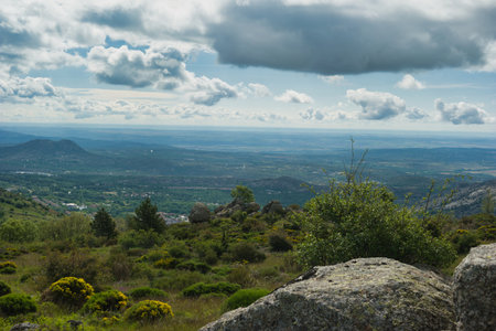 spring mountain landscape on a sunny clear day in the sierra de guadarrama mountains near madrid in spainの写真素材