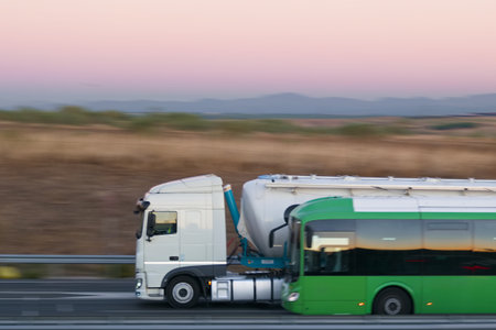 truck in motion with blurred background in the morningの写真素材