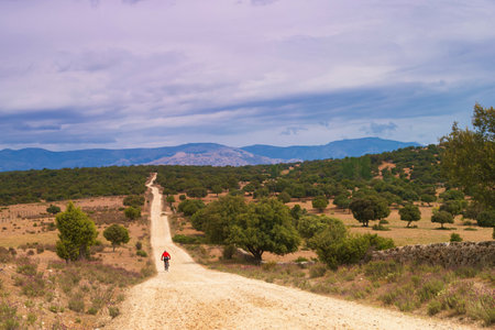 landscape with cyclist riding his bike in the mountains near madrid in spainの写真素材