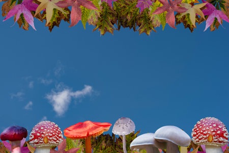 Autumn background in pastel colors with beautiful plants and mushrooms