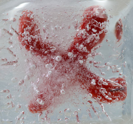 cross symbol frozen in ice cube lightの写真素材