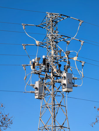 electricity transmission pole against the blue sky