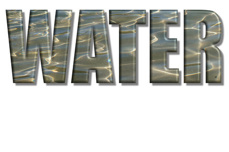 The word water is presented in large letters, reflecting shimmering patterns from sunlight on its surface. The vibrant light creates a dynamic water effect that captivates attention.の写真素材