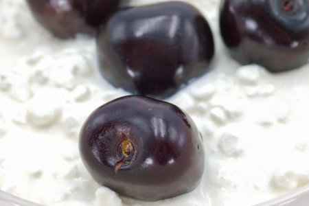 Juicy black grapes rest on a bed of creamy cottage cheese inside a clear bowl, creating a nutritious and visually appealing snack in a cozy kitchen setting.の写真素材
