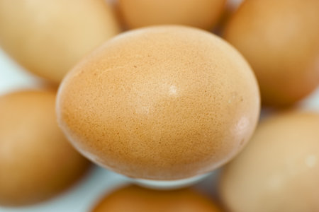 Brown eggs are positioned closely together, emphasizing their smooth surfaces and natural hues. They...