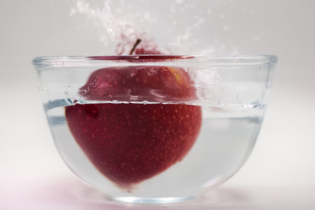A vibrant red apple is dropped into a glass bowl filled with water, causing a splash that sends droplets flying and creates concentric ripples in the water.の写真素材
