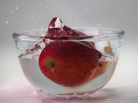 Red apples are dropped into a clear glass bowl filled with water, causing a splash and creating ripples while droplets scatter in a bright setting, showcasing freshness.の写真素材