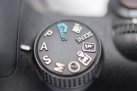 Close up view of a camera settings dial displaying different modes like portrait, landscape, night,...