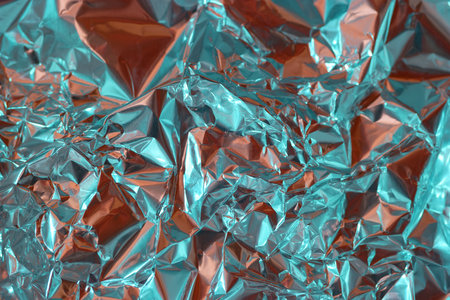 Crumpled foil reflects light, forming an abstract texture with shimmering turquoise and orange tones. The colors strikingly create a captivating visual effect in bright lighting.の写真素材