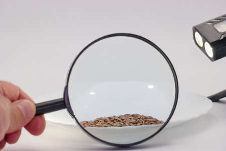 A person holds a magnifying glass above a white plate filled with small seeds while a bright light...