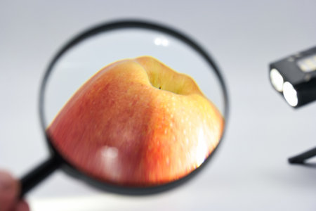 A magnifying glass focuses on a bright red apple, highlighting its smooth skin and details. A soft...