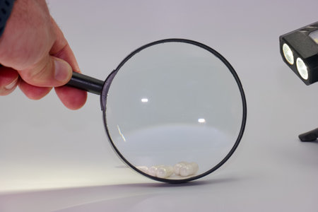 A hand is gripping a magnifying glass that focuses on several small white objects resting on a clean...