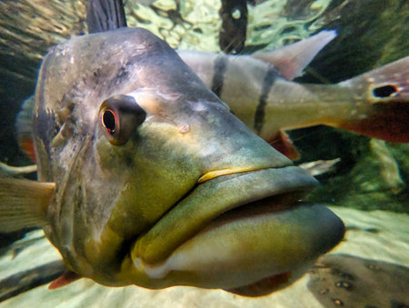 A fish investigates the underwater camera, revealing intricate details of its features and colors...
