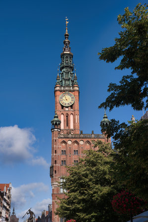 A detailed view of an ornate clock tower reaches for the sky, surrounded by lush green foliage and colorful floral displays in a lively urban setting.の写真素材
