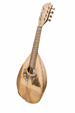 A detailed view of a traditional wooden mandolin, featuring a smooth finish and an elegant shape. The instrument is displayed prominently, highlighting its craftsmanship and design.の写真素材