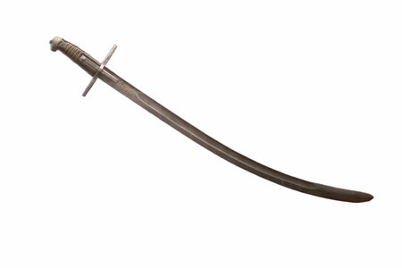 A curved sword rests on a plain background, highlighting its fine craftsmanship and elegant design....