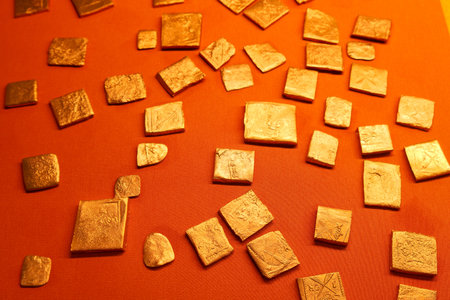 Numerous ancient gold artifacts lie on a vibrant orange textile at a museum exhibit. Each piece is unique, reflecting the craftsmanship of a bygone era.の写真素材