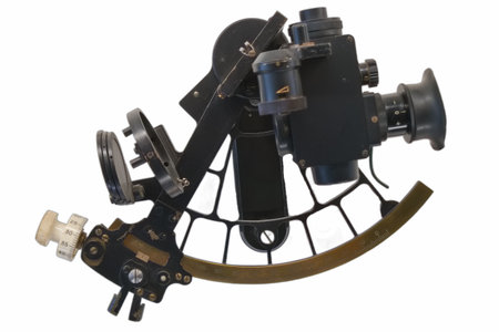 This sextant, a historical navigation instrument, is set up to measure angles between celestial bodies and the horizon during maritime voyages. It showcases engineering from the past.の写真素材