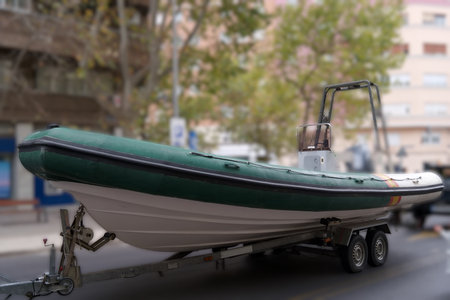 A large inflatable boat sits on a trailer in an urban area. The boat is green and white, with a steering console. Trees line the street, creating a natural backdrop.の写真素材