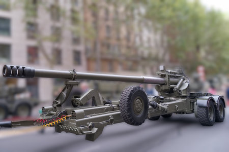 A large military artillery vehicle is parked on a busy city street during a public exhibition. People gather around to observe this impressive display of military technology and equipment.の写真素材