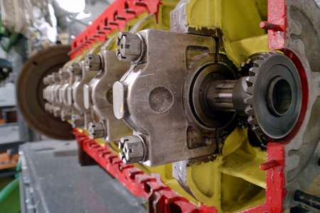 A close view of engine components highlights the intricate design and precision of mechanical parts...