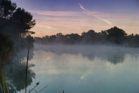 Soft morning mist blankets the river, creating a tranquil scene as the sun rises. Reflections in the water and surrounding trees enhance the peaceful atmosphere.の写真素材
