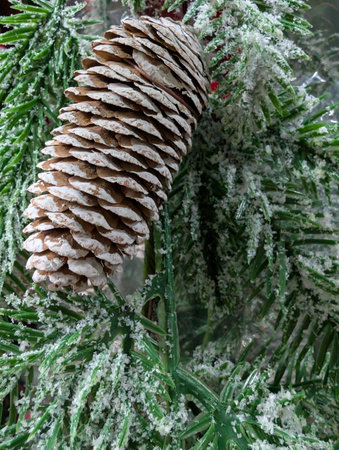 Decorative Christmas arrangement with festive elements under a bright full moonの写真素材