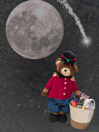 Decorative Christmas arrangement with festive elements under a bright full moonの写真素材