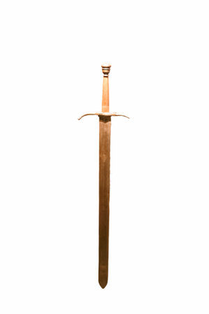 A long, straight edged sword is prominently displayed, highlighting its intricately hilt and blade...