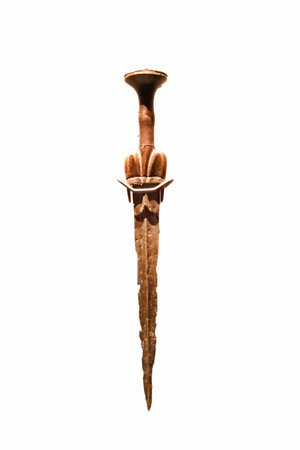 An ancient dagger with a beautifully crafted hilt and a long, pointed blade sits in a display case....