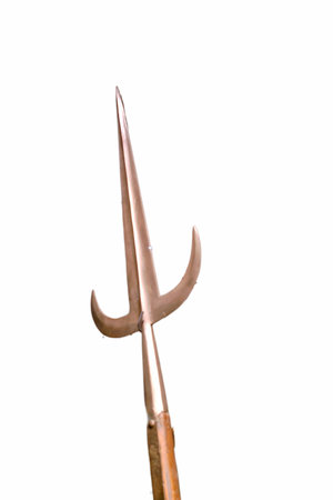 A spear with a metal tip and dual barbed features is held upright. The spear's design highlights its strong construction, suitable for hunting and fishing activities.の写真素材