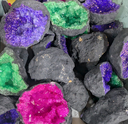 A variety of colorful crystals sit together in a container. The crystals have shades of purple,...