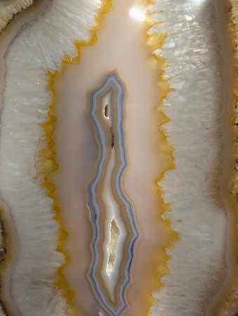 The scene shows a close view of a natural agate stone. The layers of colors and patterns create a...