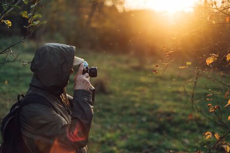 Senior man taking photo in nature. Man photographing autumn forestの写真素材