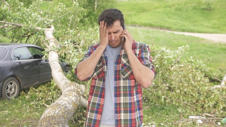 portrait of a man with a phone, the consequences of a natural disaster