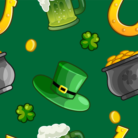 Seamless Saint Patrick Day pattern of horse shoes, top hat, gold pot, clover and gold coinsのイラスト素材