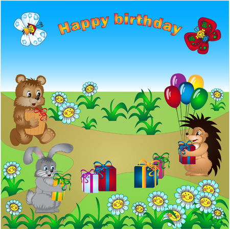 card with birthday greetings with the animals and giftsのイラスト素材
